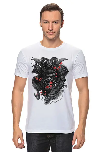 Заказать мужскую футболку в Москве. Футболка классическая Демон-самурай и дракон от Mesk08 - готовые дизайны и нанесение принтов.