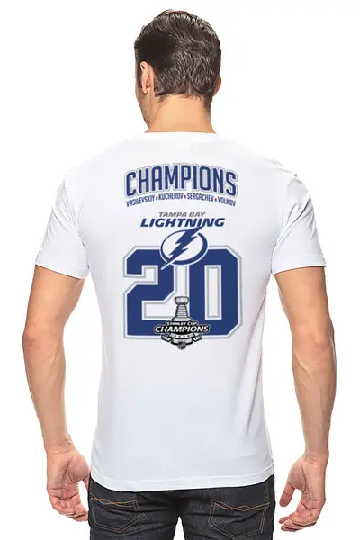 Заказать мужскую футболку в Москве. Футболка классическая Tampa Bay Lightning Stanley Cup Champions 2020 от KutvinoV.com  - готовые дизайны и нанесение принтов.