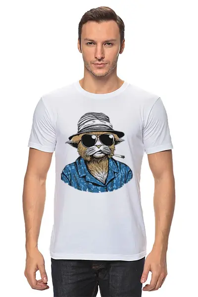 Заказать мужскую футболку в Москве. Футболка классическая Hunter S. Thompson Cat от madw - готовые дизайны и нанесение принтов.
