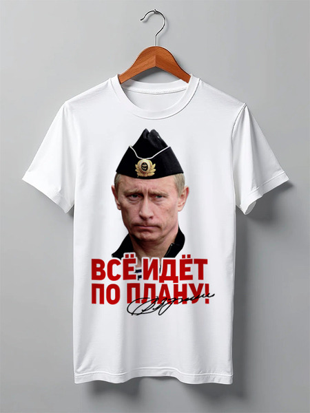 Заказать мужскую футболку в Москве. Футболка классическая Путин. Все идет по плану! от TheSuvenir - готовые дизайны и нанесение принтов.