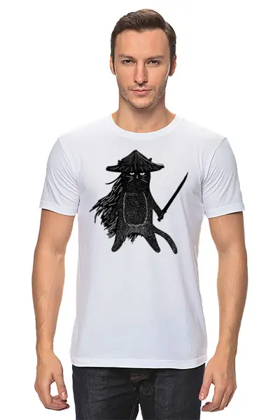 Заказать мужскую футболку в Москве. Футболка классическая Cat Samurai от oneredfoxstore@gmail.com - готовые дизайны и нанесение принтов.