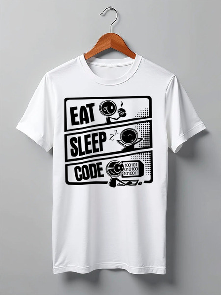 Заказать мужскую футболку в Москве. Футболка классическая Eat, Sleep, Code от WebDiez - готовые дизайны и нанесение принтов.