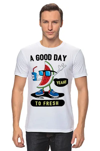 Заказать мужскую футболку в Москве. Футболка классическая A good day to fresh от hideo_kojima - готовые дизайны и нанесение принтов.