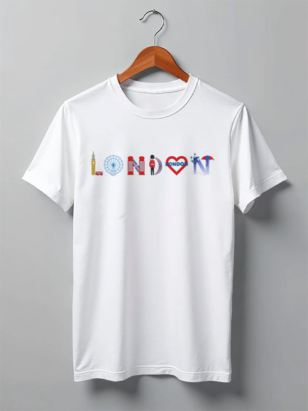 Заказать мужскую футболку в Москве. Футболка классическая Слово London с символами Лондона от ig.klimko@yandex.ru - готовые дизайны и нанесение принтов.