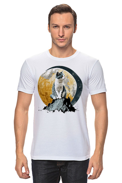 Заказать мужскую футболку в Москве. Футболка классическая Кот сидит на луне от Александр Серебренников - готовые дизайны и нанесение принтов.