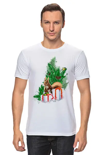 Заказать мужскую футболку в Москве. Футболка классическая Белочка с подарками под елкой. от Zorgo-Art  - готовые дизайны и нанесение принтов.
