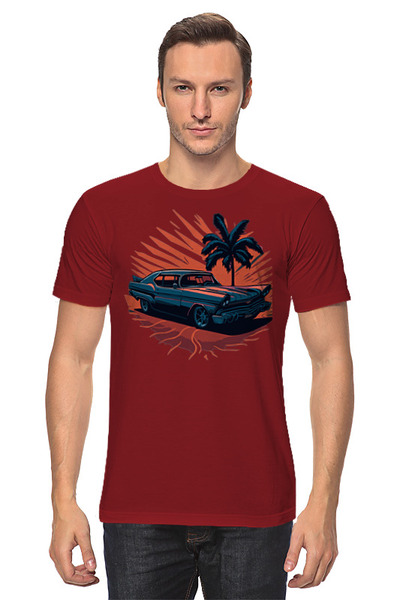 Заказать мужскую футболку в Москве. Футболка классическая Машина и пальма на закате от DASH  - готовые дизайны и нанесение принтов.
