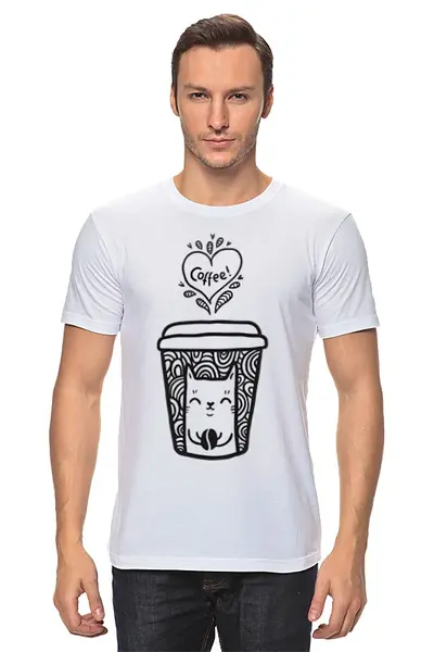 Заказать мужскую футболку в Москве. Футболка классическая Кофе и котик от fanart - готовые дизайны и нанесение принтов.