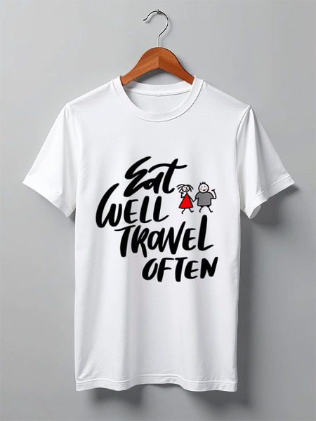 Заказать мужскую футболку в Москве. Футболка классическая Надпись Eat well Travel often от Анна  - готовые дизайны и нанесение принтов.