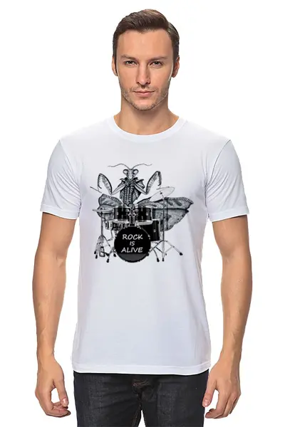Заказать мужскую футболку в Москве. Футболка классическая Богомол-барабанщик от Don Bu - готовые дизайны и нанесение принтов.