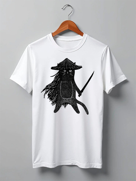 Заказать мужскую футболку в Москве. Футболка классическая Cat Samurai от oneredfoxstore@gmail.com - готовые дизайны и нанесение принтов.