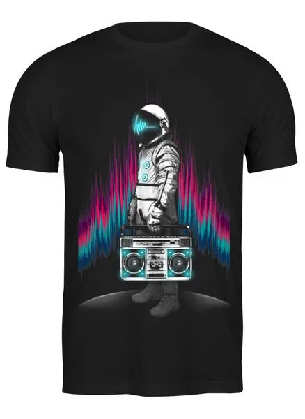 Заказать мужскую футболку в Москве. Футболка классическая Космонавт с магнитофоном от printik - готовые дизайны и нанесение принтов.