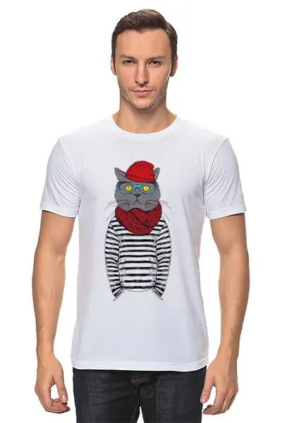 Заказать мужскую футболку в Москве. Футболка классическая Cat Hipster от sashadasha - готовые дизайны и нанесение принтов.