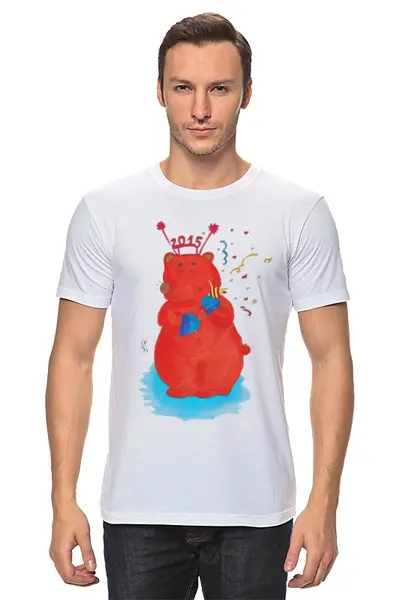 Заказать мужскую футболку в Москве. Футболка классическая Новогодний медведь от galkagalka - готовые дизайны и нанесение принтов.