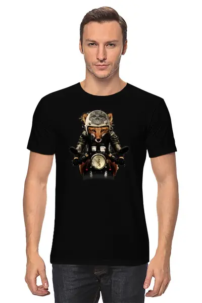 Заказать мужскую футболку в Москве. Футболка классическая Лис на мотоцикле от printik - готовые дизайны и нанесение принтов.