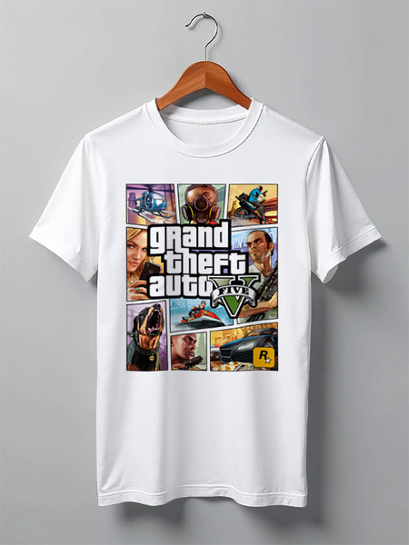 Заказать мужскую футболку в Москве. Футболка классическая GTA 5 poster от k.vseslav - готовые дизайны и нанесение принтов.