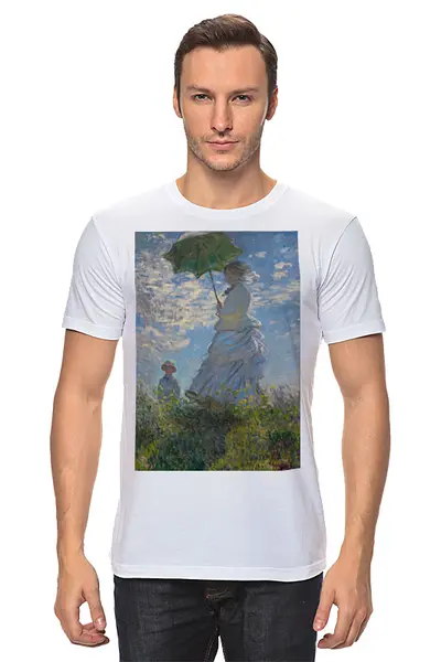 Заказать мужскую футболку в Москве. Футболка классическая Дама с зонтиком — Мадам Моне со своим сыном от trend - готовые дизайны и нанесение принтов.
