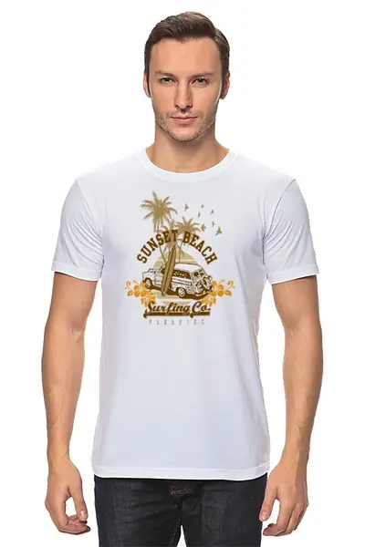 Заказать мужскую футболку в Москве. Футболка классическая Sunset Beach от denis01001 - готовые дизайны и нанесение принтов.