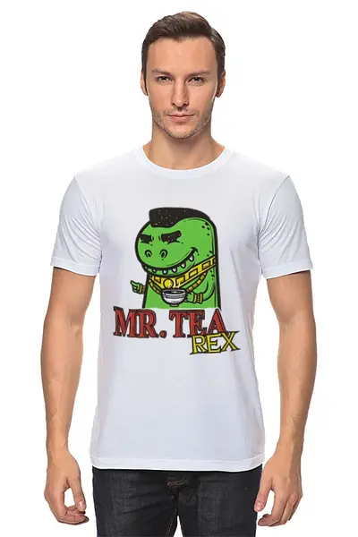 Заказать мужскую футболку в Москве. Футболка классическая Mr. Tea Rex от hideo_kojima - готовые дизайны и нанесение принтов.