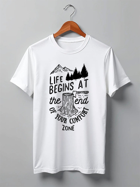 Заказать мужскую футболку в Москве. Футболка классическая Life begins at the and of your comfort zone от zen4@bk.ru - готовые дизайны и нанесение принтов.