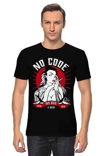 Заказать мужскую футболку в Москве. Футболка классическая No code no bug от Trish - готовые дизайны и нанесение принтов.