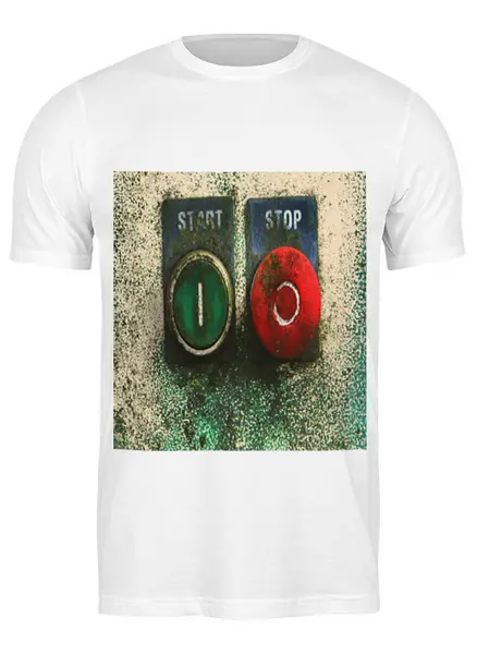 Заказать мужскую футболку в Москве. Футболка классическая Старт и Стоп от Тима Старк - готовые дизайны и нанесение принтов.