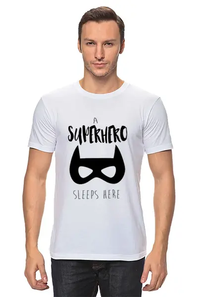 Заказать мужскую футболку в Москве. Футболка классическая A Superhero sleeps here от YellowCloverShop - готовые дизайны и нанесение принтов.