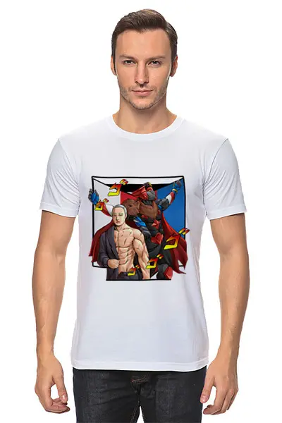 Заказать мужскую футболку в Москве. Футболка классическая Путин суперсила от Savara - готовые дизайны и нанесение принтов.