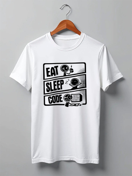 Заказать мужскую футболку в Москве. Футболка классическая Eat, Sleep, Code от WebDiez - готовые дизайны и нанесение принтов.