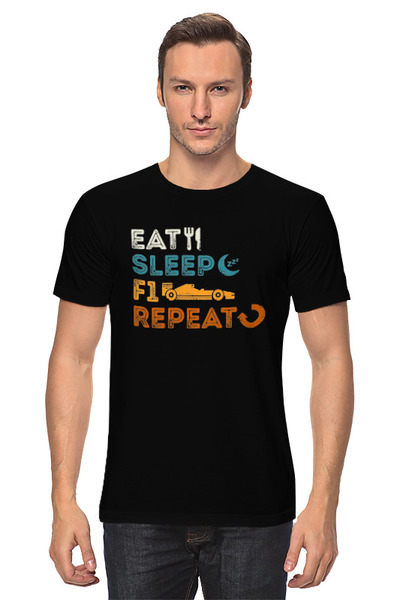 Заказать мужскую футболку в Москве. Футболка классическая Еда, сон, формула 1 от skynatural - готовые дизайны и нанесение принтов.