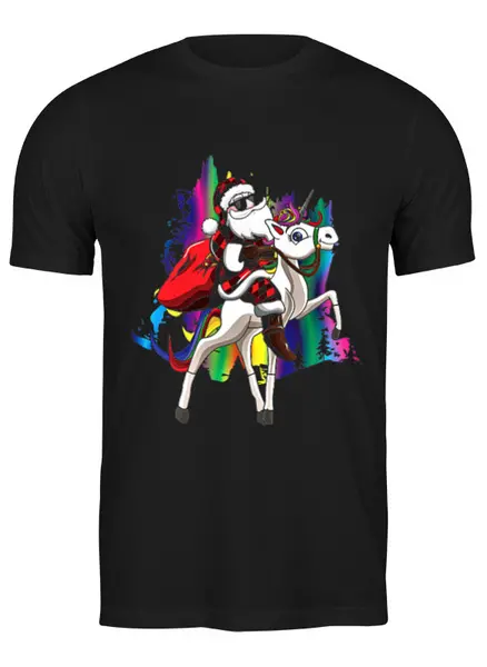 Заказать мужскую футболку в Москве. Футболка классическая Дед Мороз на единороге от T-shirt print  - готовые дизайны и нанесение принтов.