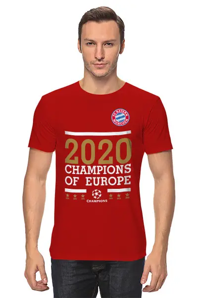 Заказать мужскую футболку в Москве. Футболка классическая FC Bayern Munchen | Champions of Europe 2020 от 0x000000123 - готовые дизайны и нанесение принтов.