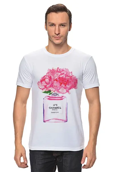 Заказать мужскую футболку в Москве. Футболка классическая Флакон цветочных духов от Liby - готовые дизайны и нанесение принтов.