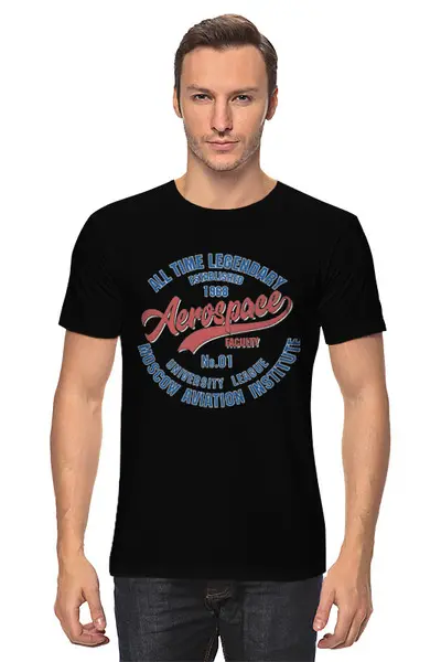 Заказать мужскую футболку в Москве. Футболка классическая Аэрокосмический МАИ от Рустам Юсупов - готовые дизайны и нанесение принтов.