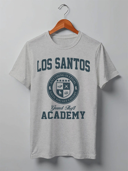Заказать мужскую футболку в Москве. Футболка классическая GTA. Los Santos Grand Theft Academy от geekbox - готовые дизайны и нанесение принтов.