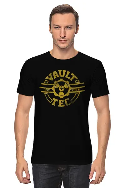 Заказать мужскую футболку в Москве. Футболка классическая Fallout. Vault-Tec от geekbox - готовые дизайны и нанесение принтов.