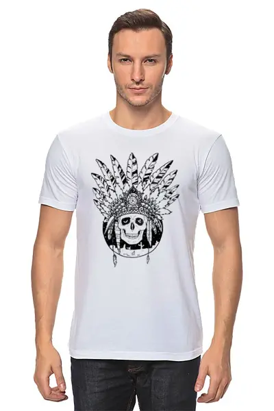 Заказать мужскую футболку в Москве. Футболка классическая Череп индейца от mosya - готовые дизайны и нанесение принтов.