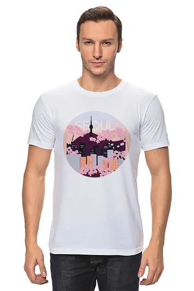 Заказать мужскую футболку в Москве. Футболка классическая Seoul Tower With Woodblock  от cherdantcev - готовые дизайны и нанесение принтов.