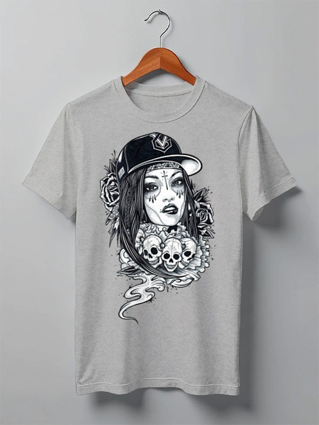 Заказать мужскую футболку в Москве. Футболка классическая Девушка и черепа с розами от Leichenwagen - готовые дизайны и нанесение принтов.