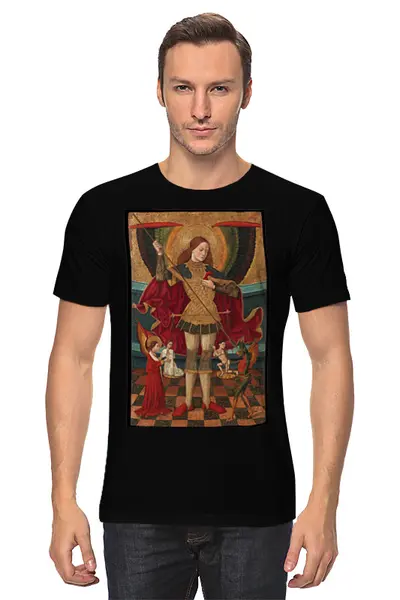 Заказать мужскую футболку в Москве. Футболка классическая Святой Михаил взвешивает души от trend - готовые дизайны и нанесение принтов.