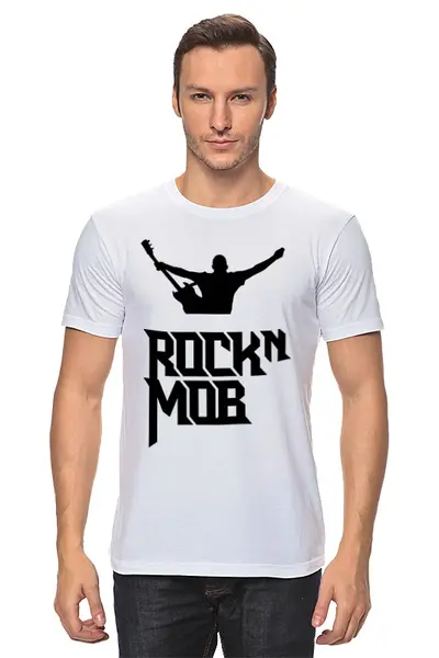 Заказать мужскую футболку в Москве. Футболка классическая Rocknmob - вокалист (Черные принты) от accs@rocknmob.com - готовые дизайны и нанесение принтов.