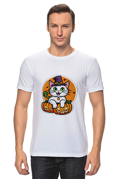 Заказать мужскую футболку в Москве. Футболка классическая Кошка-колдунья на тыкве от datoxy@ukr.net - готовые дизайны и нанесение принтов.