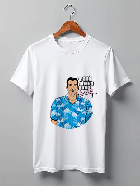 Заказать мужскую футболку в Москве. Футболка классическая Vice City GTA  от BURNSHIRTS - готовые дизайны и нанесение принтов.