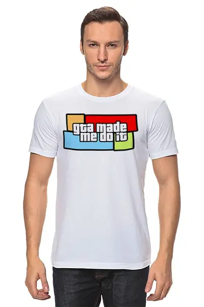 Заказать мужскую футболку в Москве. Футболка классическая GTA Made Me Do It от geekbox - готовые дизайны и нанесение принтов.