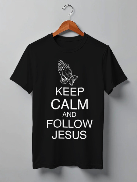 Заказать мужскую футболку в Москве. Футболка классическая Keep calm and follow Jesus от alice.cooper - готовые дизайны и нанесение принтов.