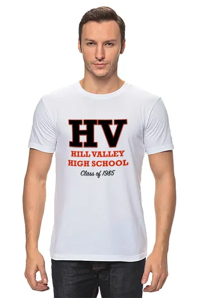 Заказать мужскую футболку в Москве. Футболка классическая Hill Valley High School'85  от Nikita Nelyubin - готовые дизайны и нанесение принтов.