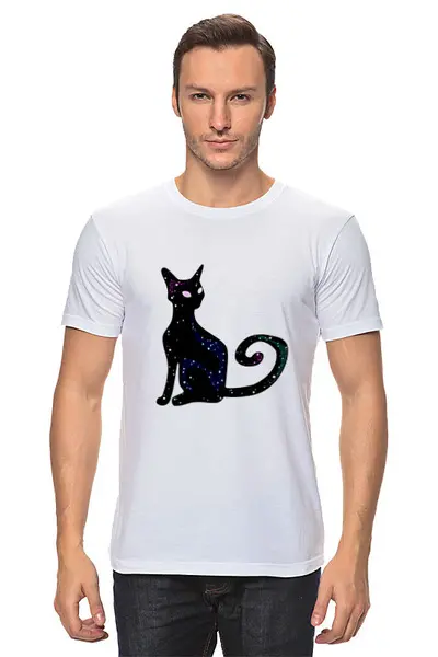 Заказать мужскую футболку в Москве. Футболка классическая Космическая кошка от reut.94@mail.ru - готовые дизайны и нанесение принтов.