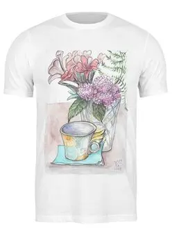 Заказать мужскую футболку в Москве. Футболка классическая Утро цветы от Yana-Art - готовые дизайны и нанесение принтов.