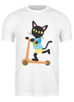 Заказать мужскую футболку в Москве. Футболка классическая Кот на самокате от fanart - готовые дизайны и нанесение принтов.