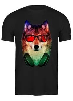Заказать мужскую футболку в Москве. Футболка классическая Волк в очках от Space Art - готовые дизайны и нанесение принтов.